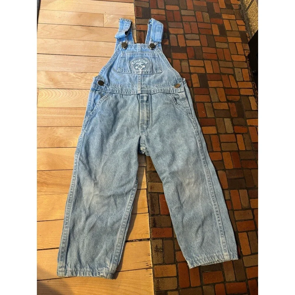 Oshkosh b’gosh vintage denim overalls embossed logo spellout face 3t flaw